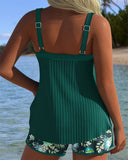 Women's Floral Tankini Set – Ribbed Tank Top Tie Front Swim Shorts Two Piece