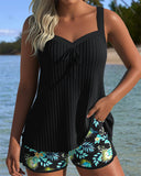 Women's Floral Tankini Set – Ribbed Tank Top Tie Front Swim Shorts Two Piece