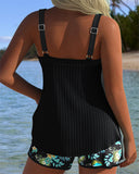 Women's Floral Tankini Set – Ribbed Tank Top Tie Front Swim Shorts Two Piece