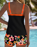 Women's Floral Tankini Set – Two Piece Contrast Trim Ribbed Tank Swim Shorts