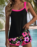 Women's Floral Tankini Set – Two Piece Contrast Trim Ribbed Tank Swim Shorts