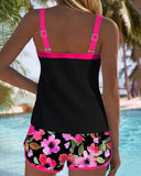Women's Floral Tankini Set – Two Piece Contrast Trim Ribbed Tank Swim Shorts