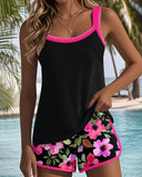 Women's Floral Tankini Set – Two Piece Contrast Trim Ribbed Tank Swim Shorts