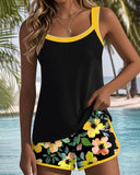 Women's Floral Tankini Set – Two Piece Contrast Trim Ribbed Tank Swim Shorts