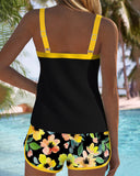 Women's Floral Tankini Set – Two Piece Contrast Trim Ribbed Tank Swim Shorts