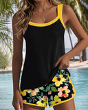 Women's Floral Tankini Set – Two Piece Contrast Trim Ribbed Tank Swim Shorts