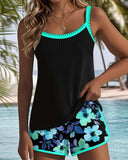 Women's Floral Tankini Set – Two Piece Contrast Trim Ribbed Tank Swim Shorts