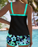 Women's Floral Tankini Set – Two Piece Contrast Trim Ribbed Tank Swim Shorts