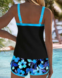 Women's Floral Tankini Set – Two Piece Contrast Trim Ribbed Tank Swim Shorts