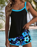 Women's Floral Tankini Set – Two Piece Contrast Trim Ribbed Tank Swim Shorts