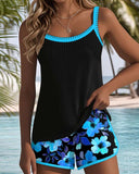 Women's Floral Tankini Set – Two Piece Contrast Trim Ribbed Tank Swim Shorts