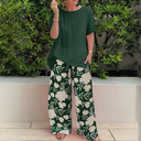 Women's Floral Two Piece Set – Solid Top Wide Leg Pants Summer Casual Outfit