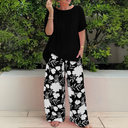 Women's Floral Two Piece Set – Solid Top Wide Leg Pants Summer Casual Outfit