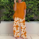 Women's Floral Two Piece Set – Solid Top Wide Leg Pants Summer Casual Outfit