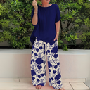 Women's Floral Two Piece Set – Solid Top Wide Leg Pants Summer Casual Outfit