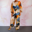 Women's Floral Two Piece Set – Watercolor Print Batwing Top Wide Leg Pants
