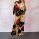 Women's Floral Two Piece Set – Watercolor Print Batwing Top Wide Leg Pants