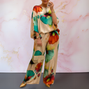 Women's Floral Two Piece Set – Watercolor Print Batwing Top Wide Leg Pants