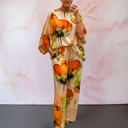 Women's Floral Two Piece Set – Watercolor Print Batwing Top Wide Leg Pants