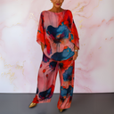 Women's Floral Two Piece Set – Watercolor Print Batwing Top Wide Leg Pants