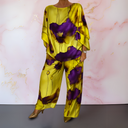 Women's Floral Two Piece Set – Watercolor Print Batwing Top Wide Leg Pants