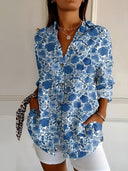 Women's Floral Vine Print Blouse – Spread Collar 3/4 Roll Sleeve Casual Top