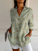 Women's Floral Vine Print Blouse – Spread Collar 3/4 Roll Sleeve Casual Top