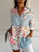 Women's Floral Vine Print Blouse – Spread Collar 3/4 Roll Sleeve Casual Top