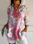 Women's Floral Vine Print Blouse – Spread Collar 3/4 Roll Sleeve Casual Top
