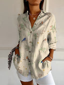 Women's Floral Vine Print Blouse – Spread Collar 3/4 Roll Sleeve Casual Top