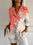 Women's Floral Vine Print Blouse – Spread Collar 3/4 Roll Sleeve Casual Top