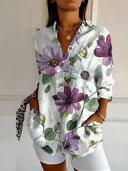 Women's Floral Vine Print Blouse – Spread Collar 3/4 Roll Sleeve Casual Top