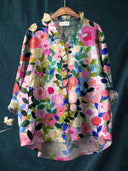Women's Floral Watercolor Print Blouse – V Neck Long Sleeve Casual Everyday Button Top