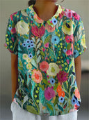 Women's Floral Watercolor Print Top – Collared Short Sleeve Casual Everyday Shirt
