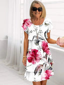 Women's Floral Midi – Scoop Neck Flutter Sleeve Tiered Party Dress