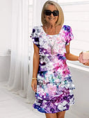 Women's Floral Midi – Scoop Neck Flutter Sleeve Tiered Party Dress