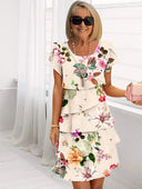Women's Floral Midi – Scoop Neck Flutter Sleeve Tiered Party Dress