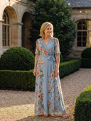 Women's Floral Wrap Maxi Dress – V Neck 3/4 Sleeve Tie Waist Wedding Guest