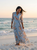 Women's Floral Wrap Maxi Dress – V Neck 3/4 Sleeve Tie Waist Wedding Guest