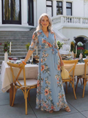 Women's Floral Wrap Maxi Dress – V Neck 3/4 Sleeve Tie Waist Wedding Guest