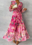 Women's Floral Wrap Maxi Dress – V Neck Long Sleeve Tiered Belted Wedding Guest