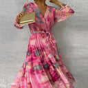 Women's Floral Wrap Maxi Dress – V Neck Long Sleeve Tiered Belted Wedding Guest
