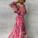 Women's Floral Wrap Maxi Dress – V Neck Long Sleeve Tiered Belted Wedding Guest