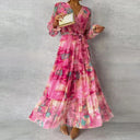 Women's Floral Wrap Maxi Dress – V Neck Long Sleeve Tiered Belted Wedding Guest