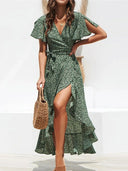 Women's Floral Wrap Midi Dress – V-Neck Flutter Sleeve Tie Waist Ruffle Hem