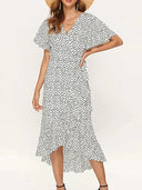 Women's Floral Wrap Midi Dress – V-Neck Flutter Sleeve Tie Waist Ruffle Hem