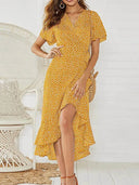Women's Floral Wrap Midi Dress – V-Neck Flutter Sleeve Tie Waist Ruffle Hem