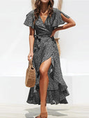 Women's Floral Wrap Midi Dress – V-Neck Flutter Sleeve Tie Waist Ruffle Hem
