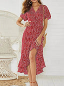 Women's Floral Wrap Midi Dress – V-Neck Flutter Sleeve Tie Waist Ruffle Hem