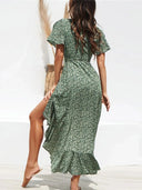 Women's Floral Wrap Midi Dress – V-Neck Flutter Sleeve Tie Waist Ruffle Hem